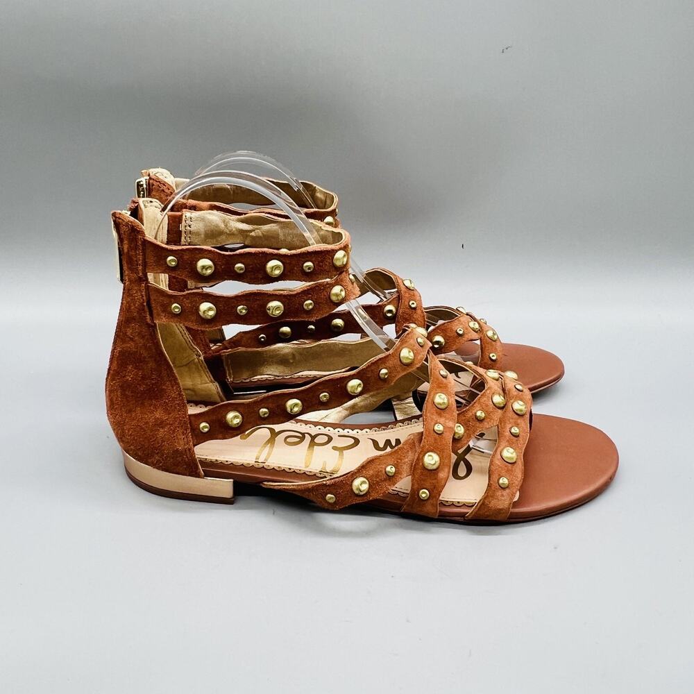 Sam Edelman Sandals Womens 7.5 Brown Suede Gladiator Studded Zip Flat Shoes